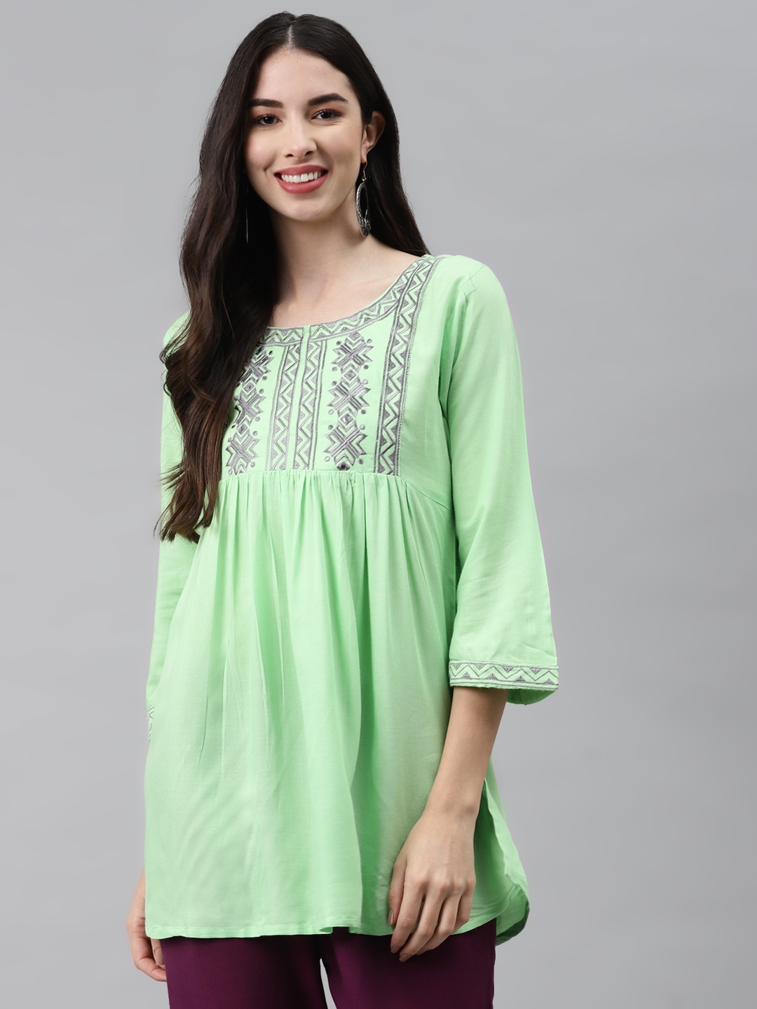 

HIGHLIGHT FASHION EXPORT Green Embroidered Regular Top