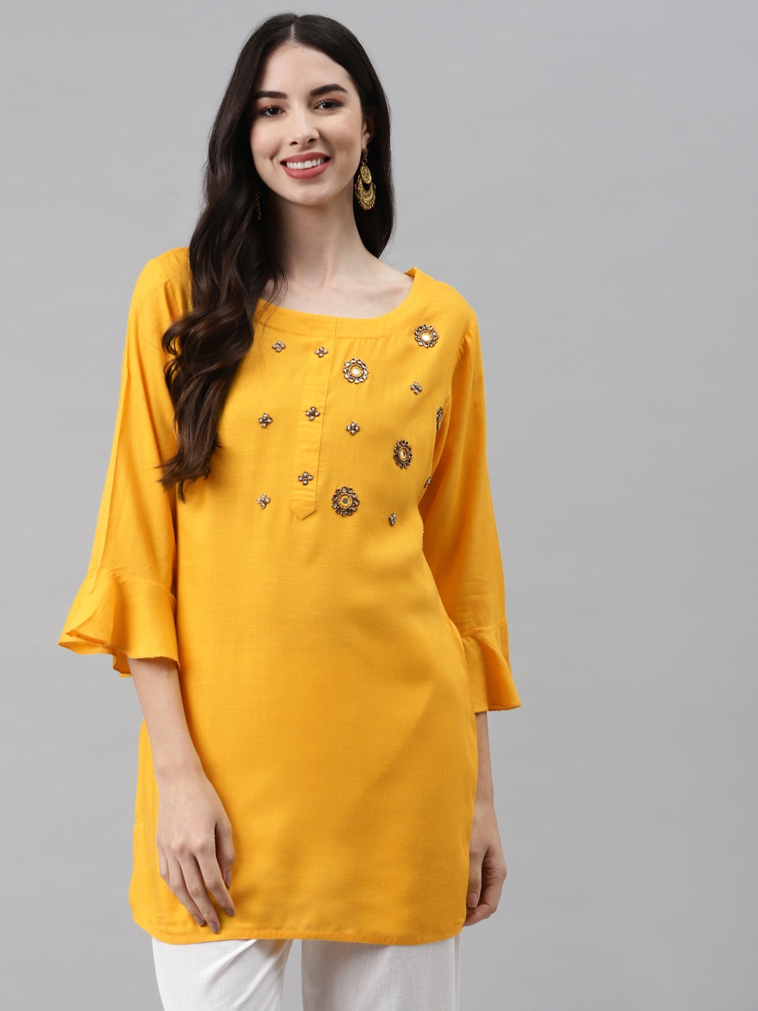 

HIGHLIGHT FASHION EXPORT Yellow Embellished Regular Top