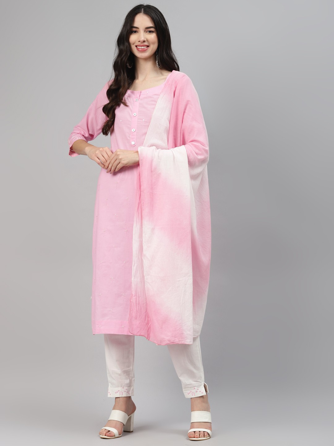 

HIGHLIGHT FASHION EXPORT Women Pink Embroidered Regular Kurta with Trousers & With Dupatta