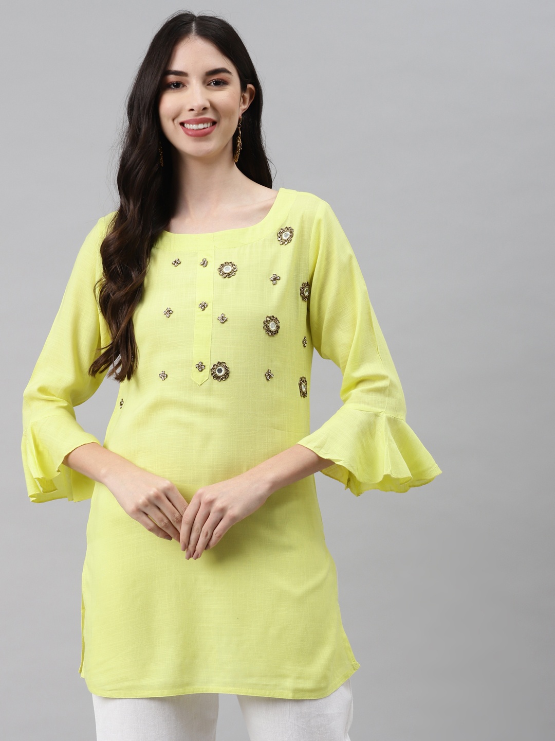 

HIGHLIGHT FASHION EXPORT Yellow Embellished Regular Top
