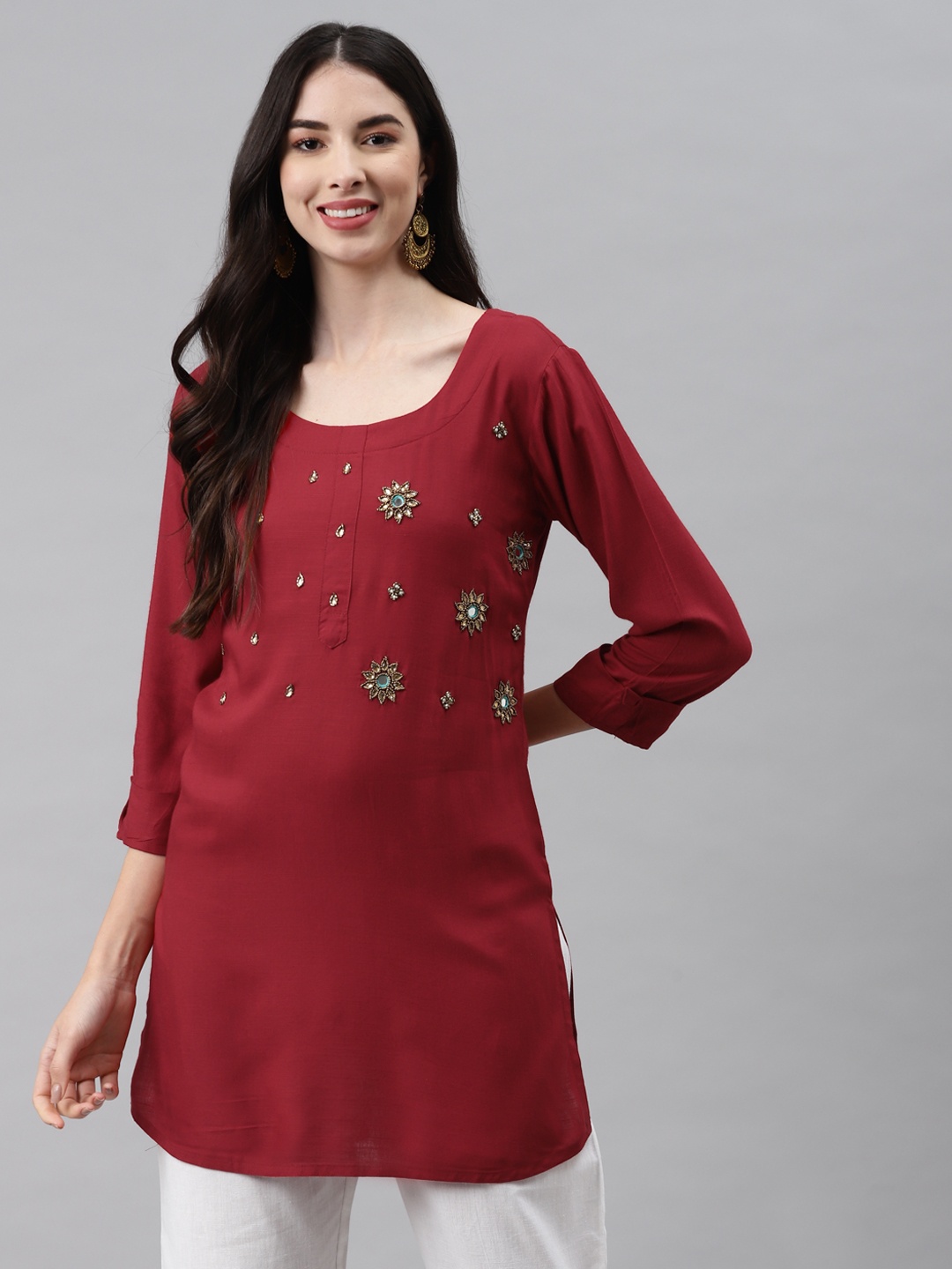 

HIGHLIGHT FASHION EXPORT Maroon Embellished Regular Top