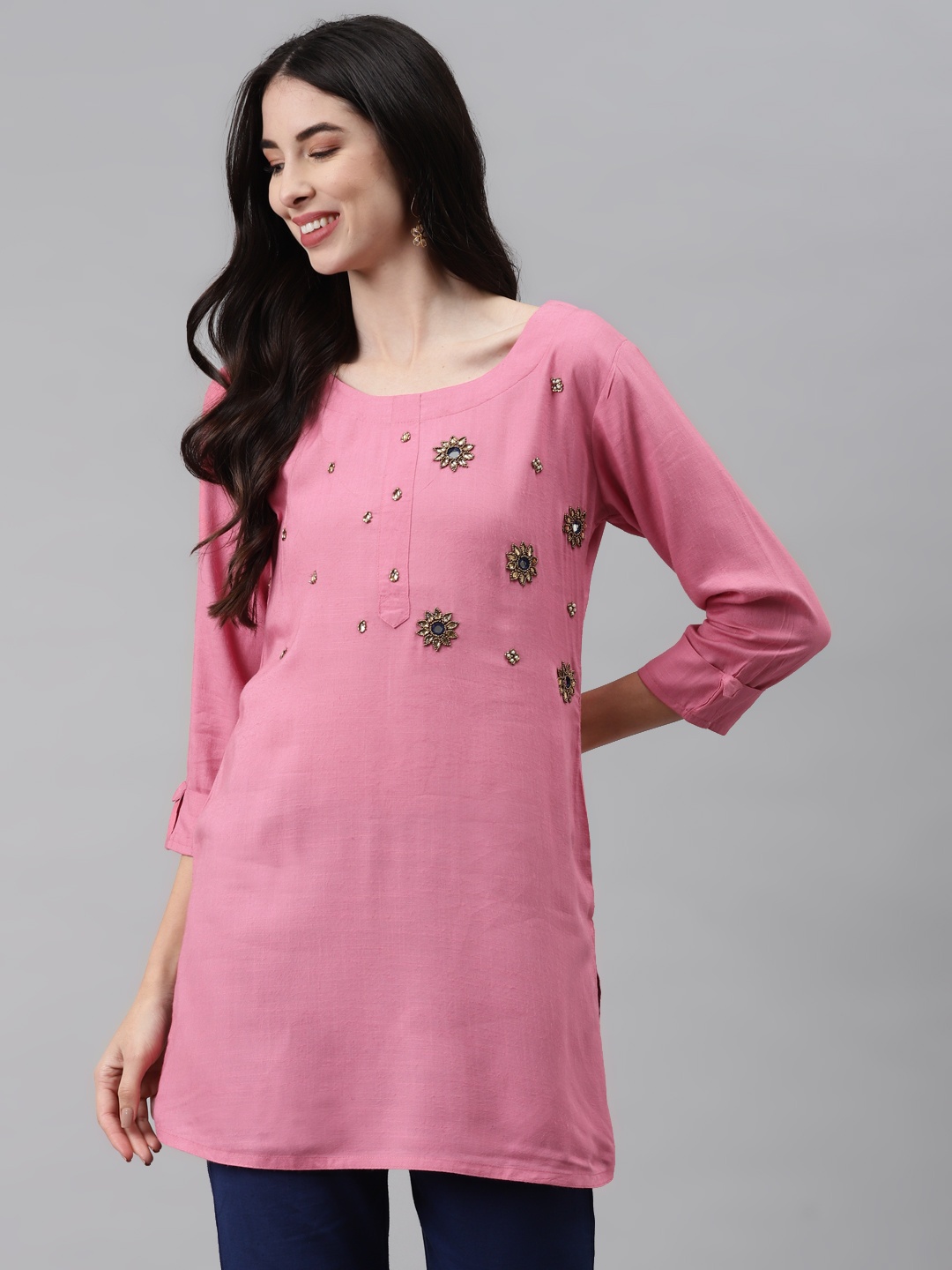 

HIGHLIGHT FASHION EXPORT Pink Embellished Regular Top