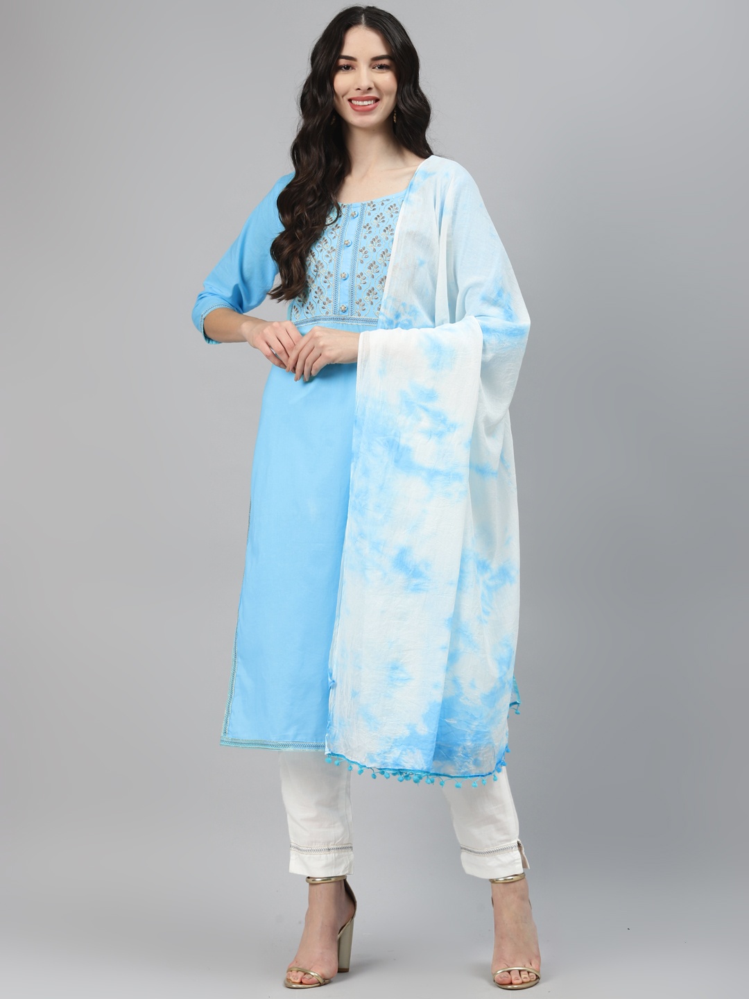 

HIGHLIGHT FASHION EXPORT Women Blue Embroidered Regular Kurta with Trousers