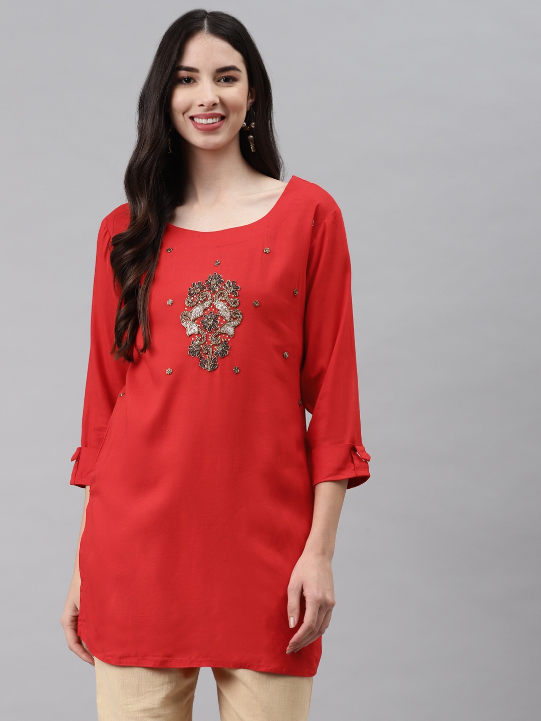 

HIGHLIGHT FASHION EXPORT Red Embellished Regular Top