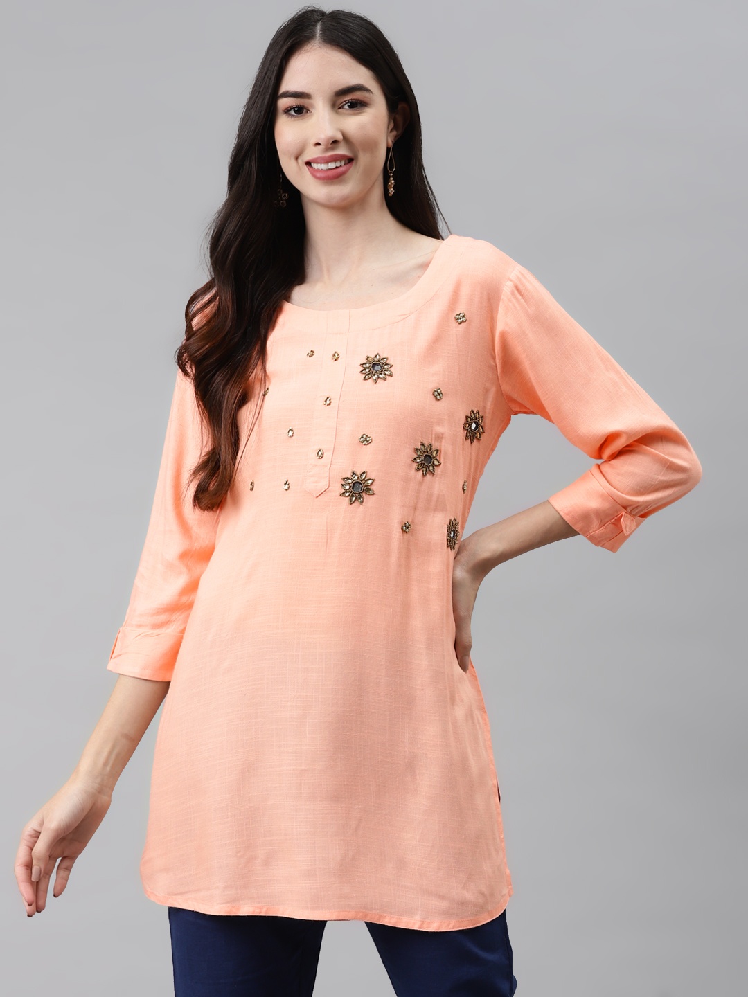 

HIGHLIGHT FASHION EXPORT Peach-Coloured Floral Embellished Regular Top