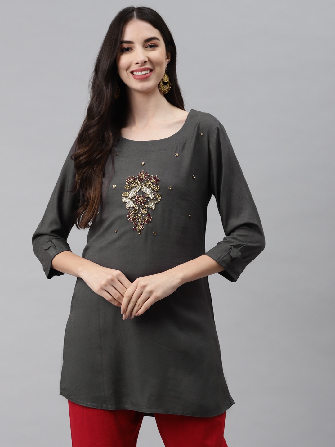 HIGHLIGHT FASHION EXPORT Grey Embellished Regular Top
