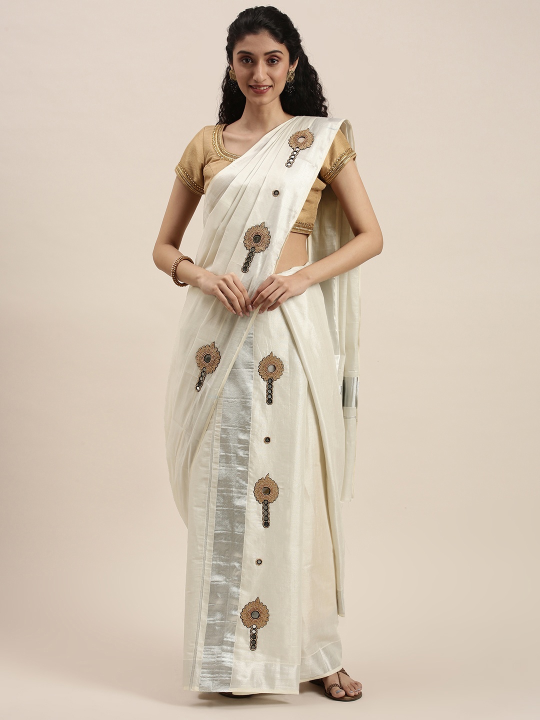 

Thara Sarees White & Silver-Toned Ethnic Motifs Aari Work Pure Cotton Kasavu Saree