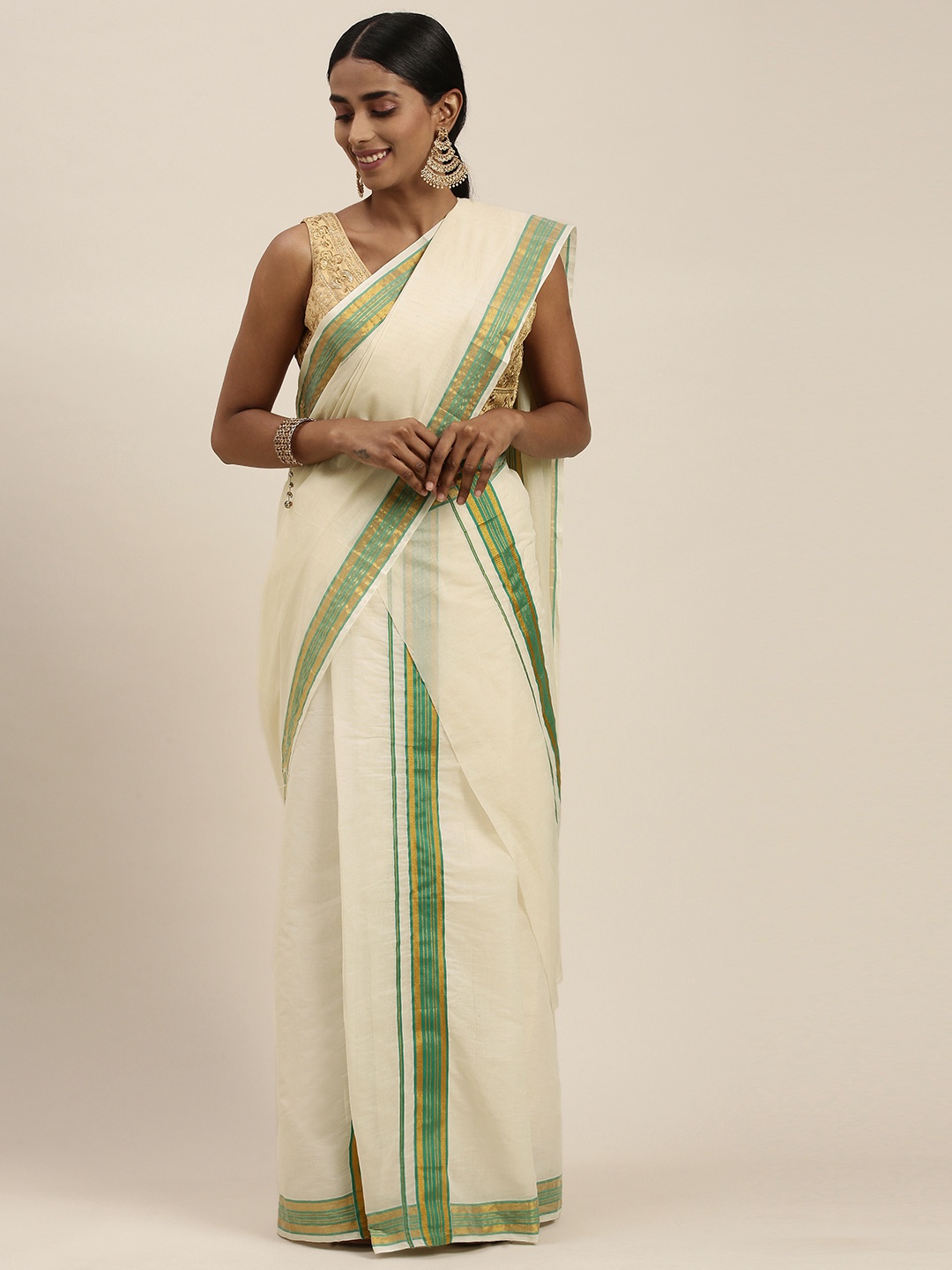 

Thara Sarees Off White & Green Zari Pure Cotton Kasavu Saree
