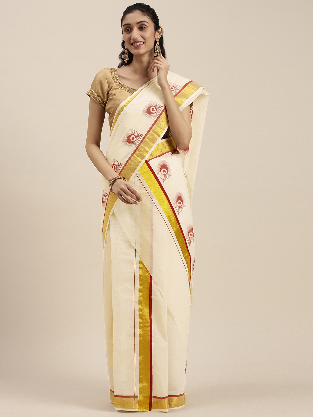 

Thara Sarees Off White Ethnic Motifs Pure Cotton Kasavu Saree