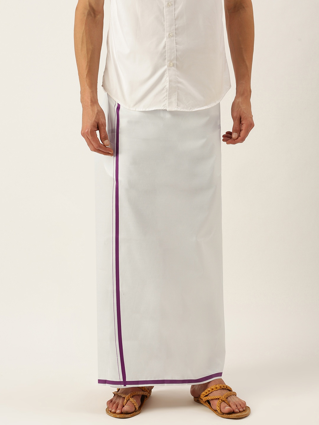 

SELVAMAGAN Men White & Purple Solid Dhoti with Border