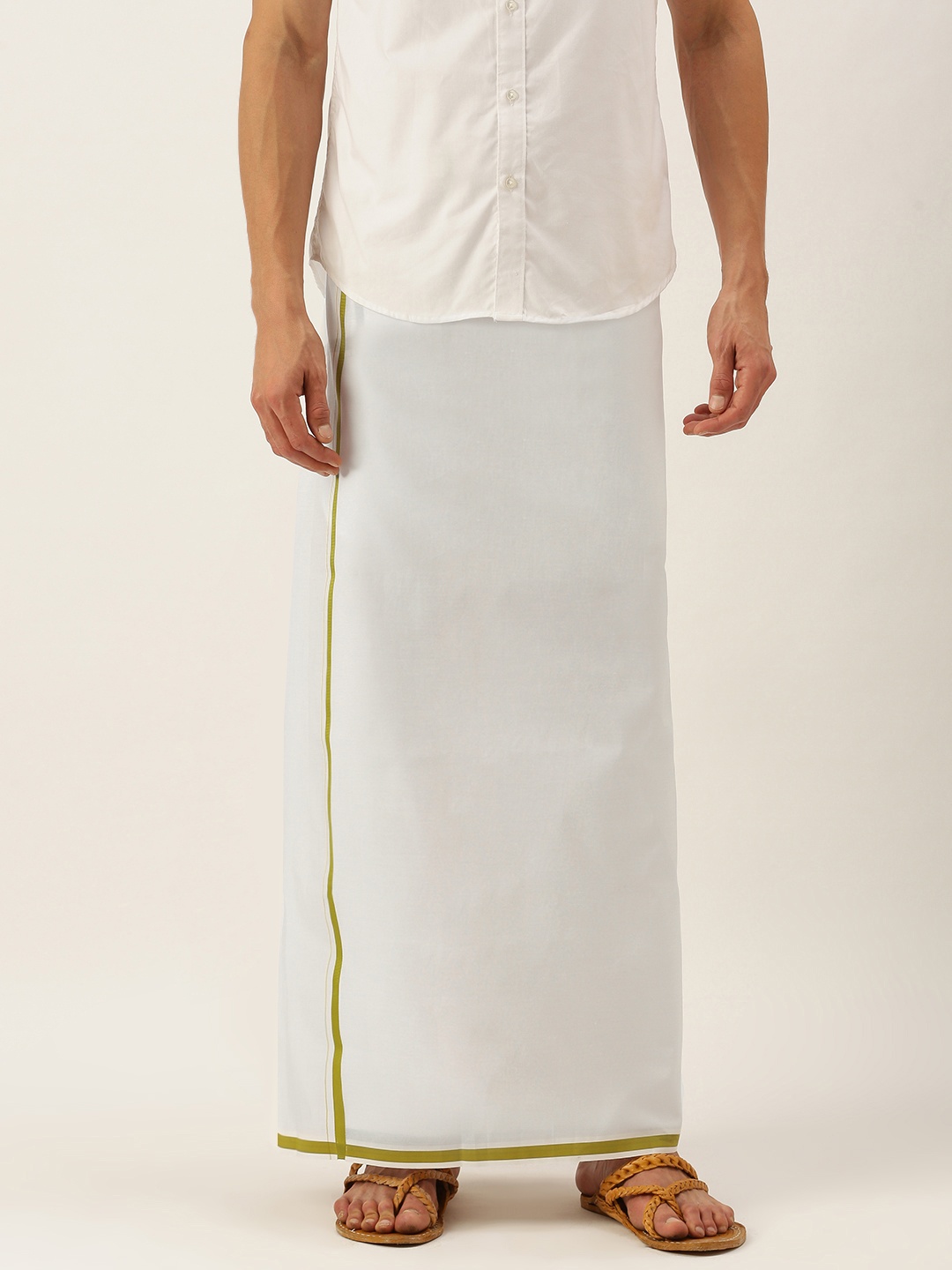 

SELVAMAGAN Men White & Olive Green Solid Dhoti with Border