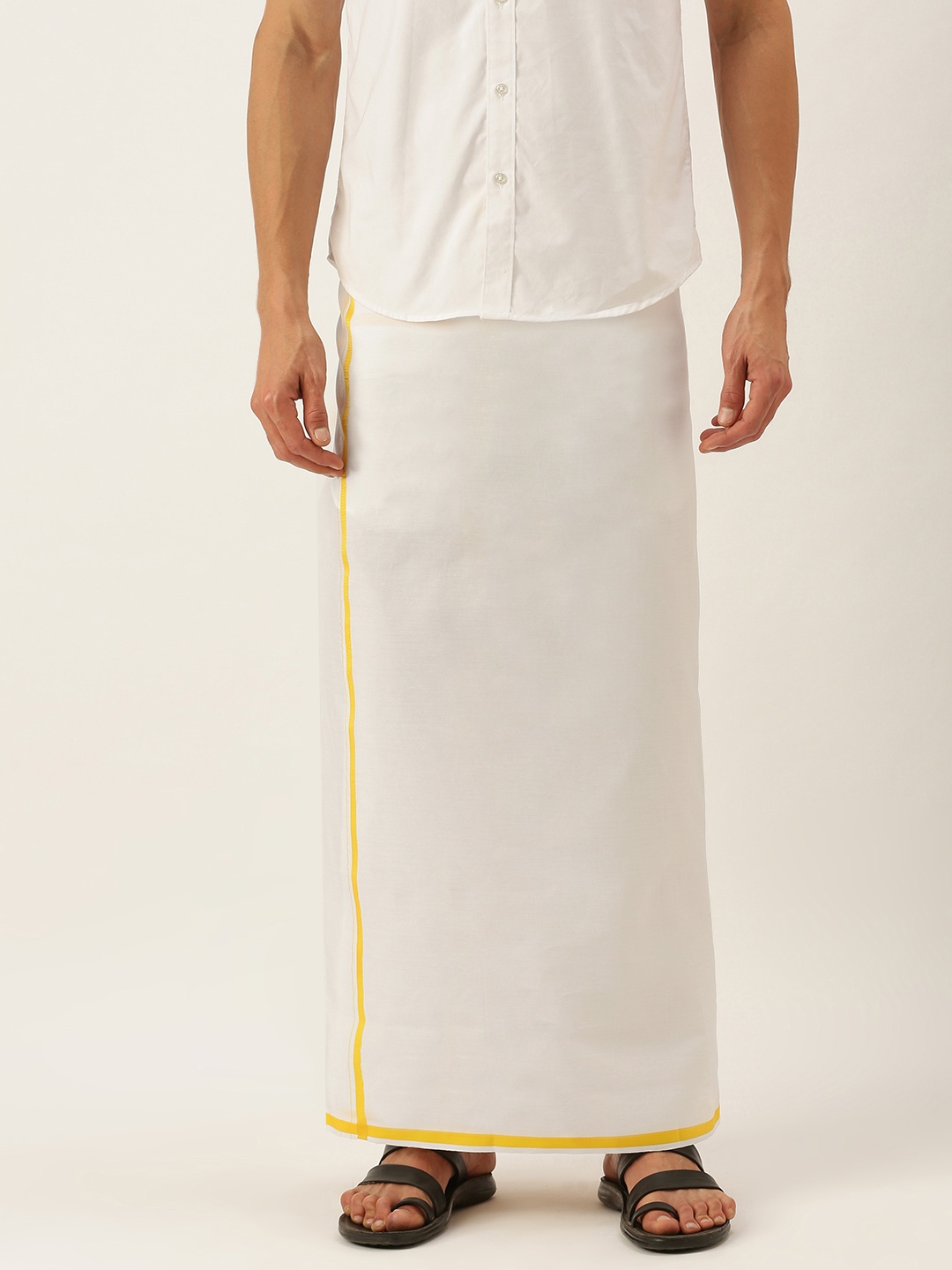 

SELVAMAGAN Men White & Yellow Solid Dhoti with Border