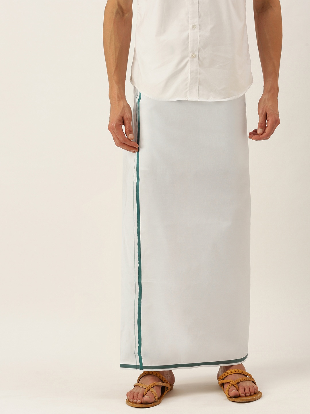 

SELVAMAGAN Men White & Teal Solid Dhoti with Border