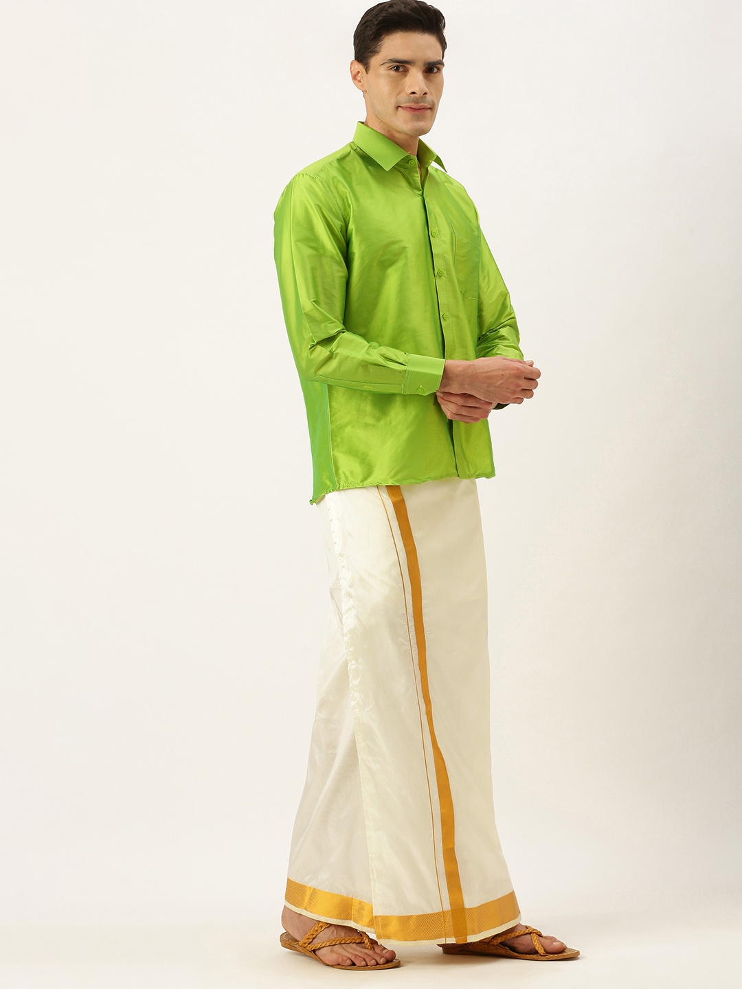 

THANGAMAGAN Men Green & Off White Shirt with Dhoti Pants