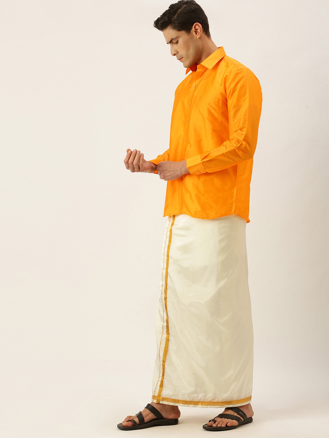 

THANGAMAGAN Men Yellow & Off White Shirt with Dhoti Pants