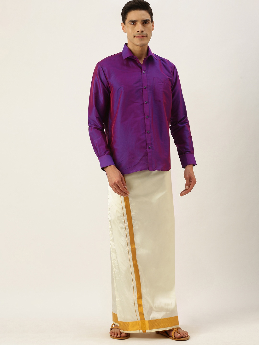 

THANGAMAGAN Men Purple & Off White Shirt with Dhoti
