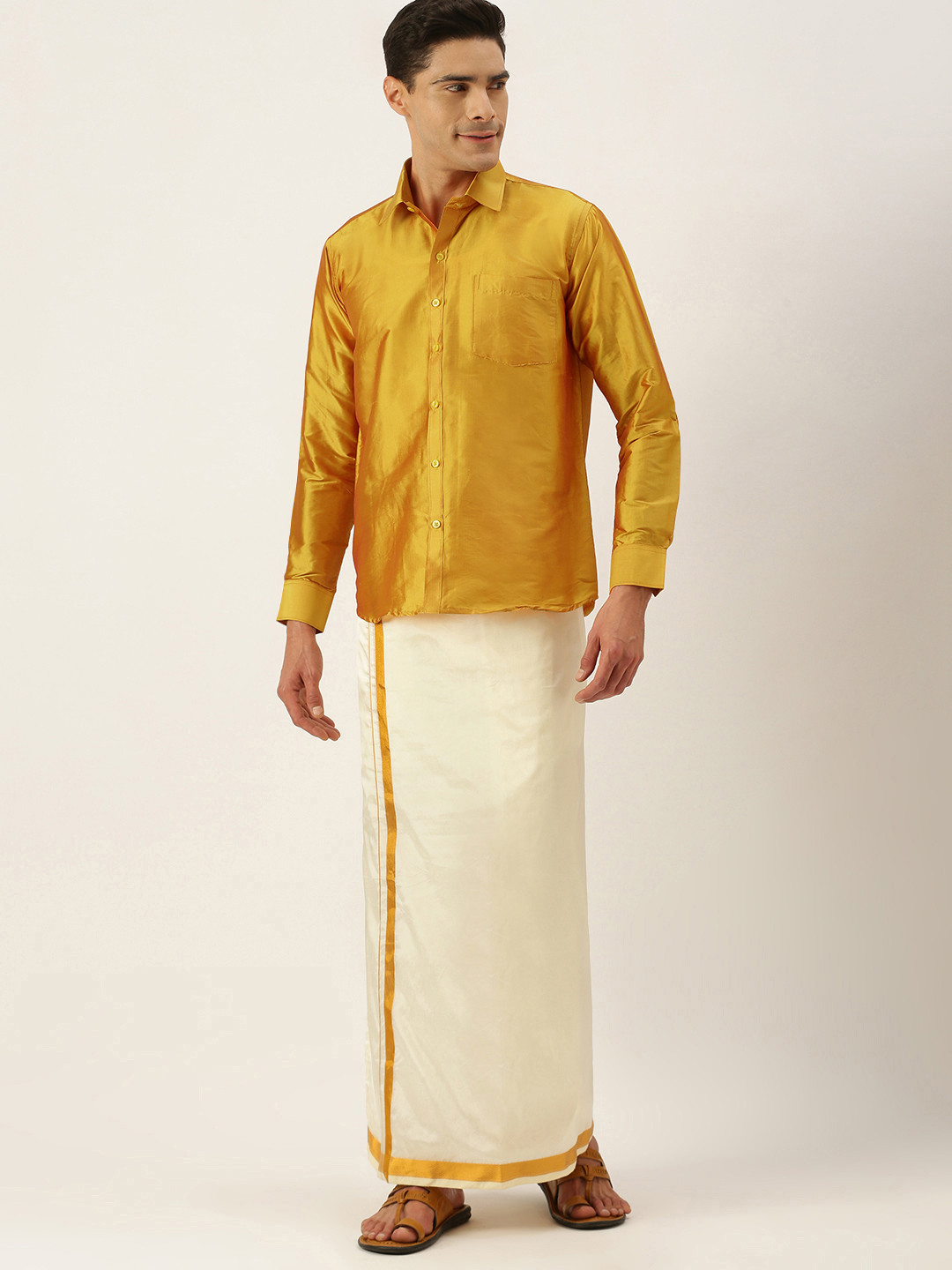 

THANGAMAGAN Men Orange & Off White Shirt with Dhoti