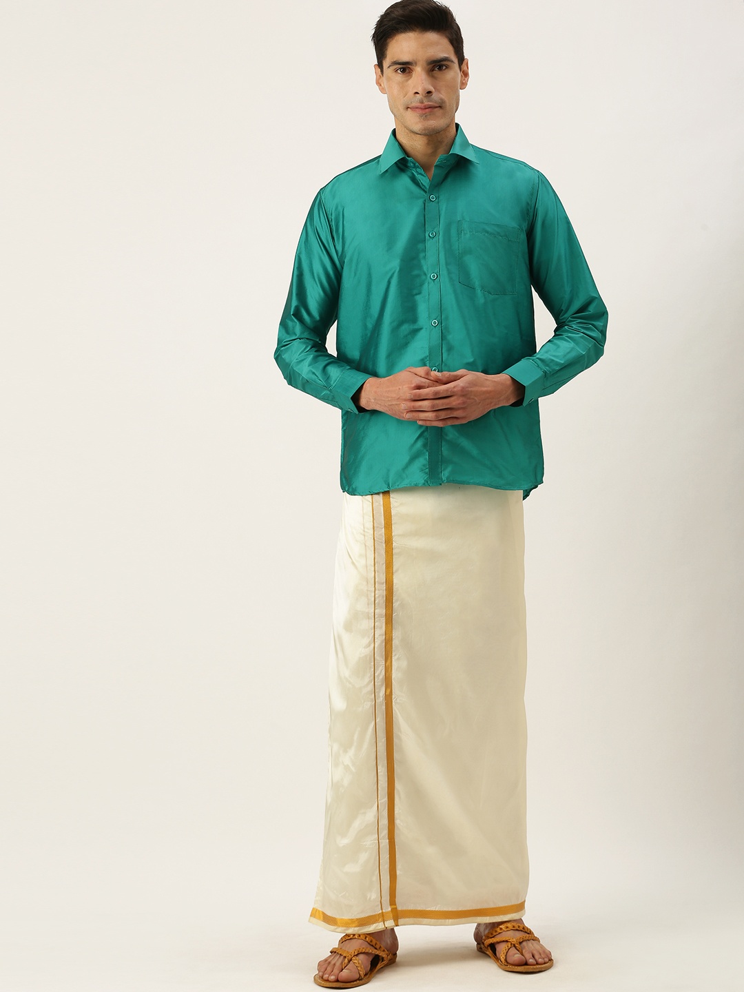 

THANGAMAGAN Men Sea Green & Off White Shirt with Dhoti Pants