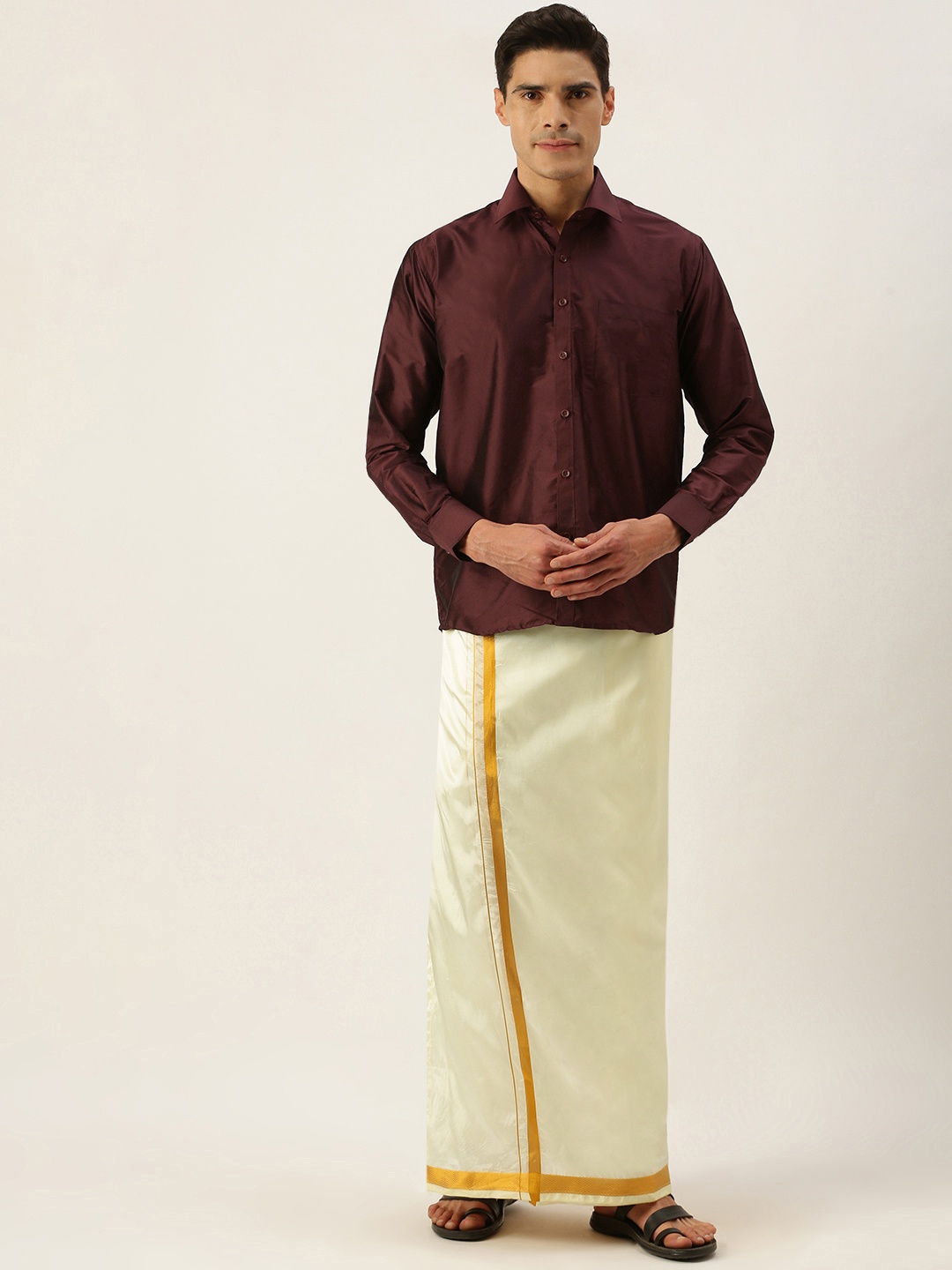 

THANGAMAGAN Men Brown & Off White Shirt with Dhoti Pants