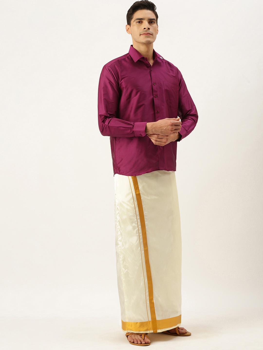 

THANGAMAGAN Men Red & Off White Shirt with Dhoti Pants