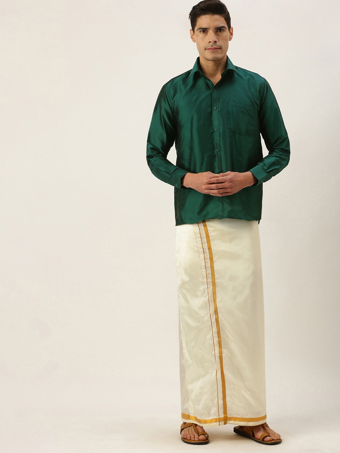 

THANGAMAGAN Men Green & Off White Shirt with Dhoti Pants