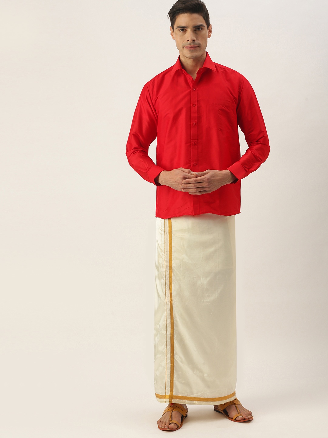 

THANGAMAGAN Men Red & Off White Shirt with Dhoti Pants