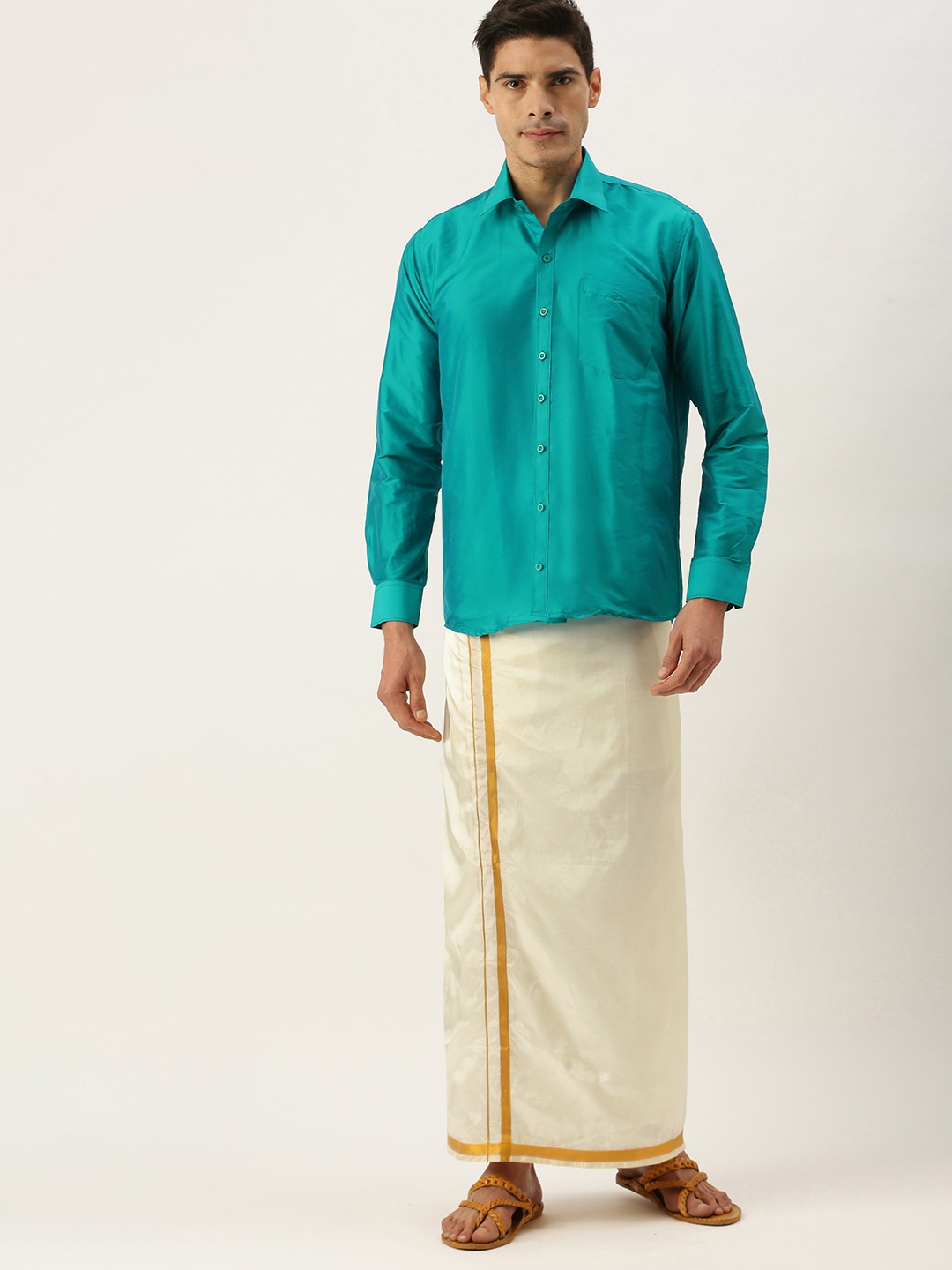 

THANGAMAGAN Men Turquoise Blue & Off White Shirt with Dhoti Pants