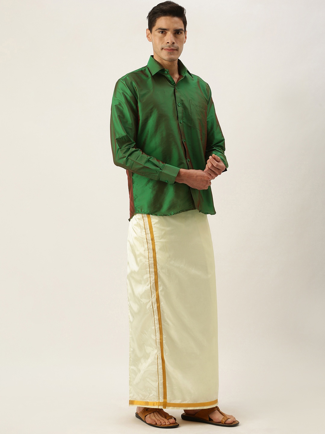 

THANGAMAGAN Men Green & Off White Shirt with Dhoti Pants