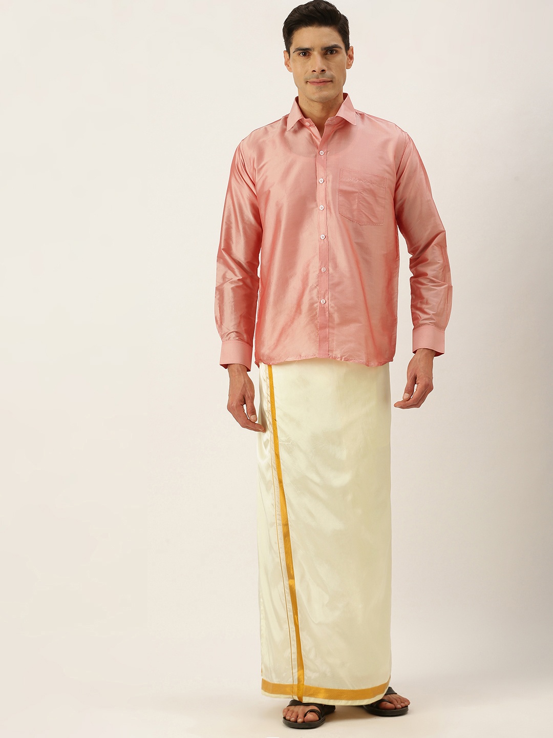 

THANGAMAGAN Men Pink & Off White Shirt with Dhoti