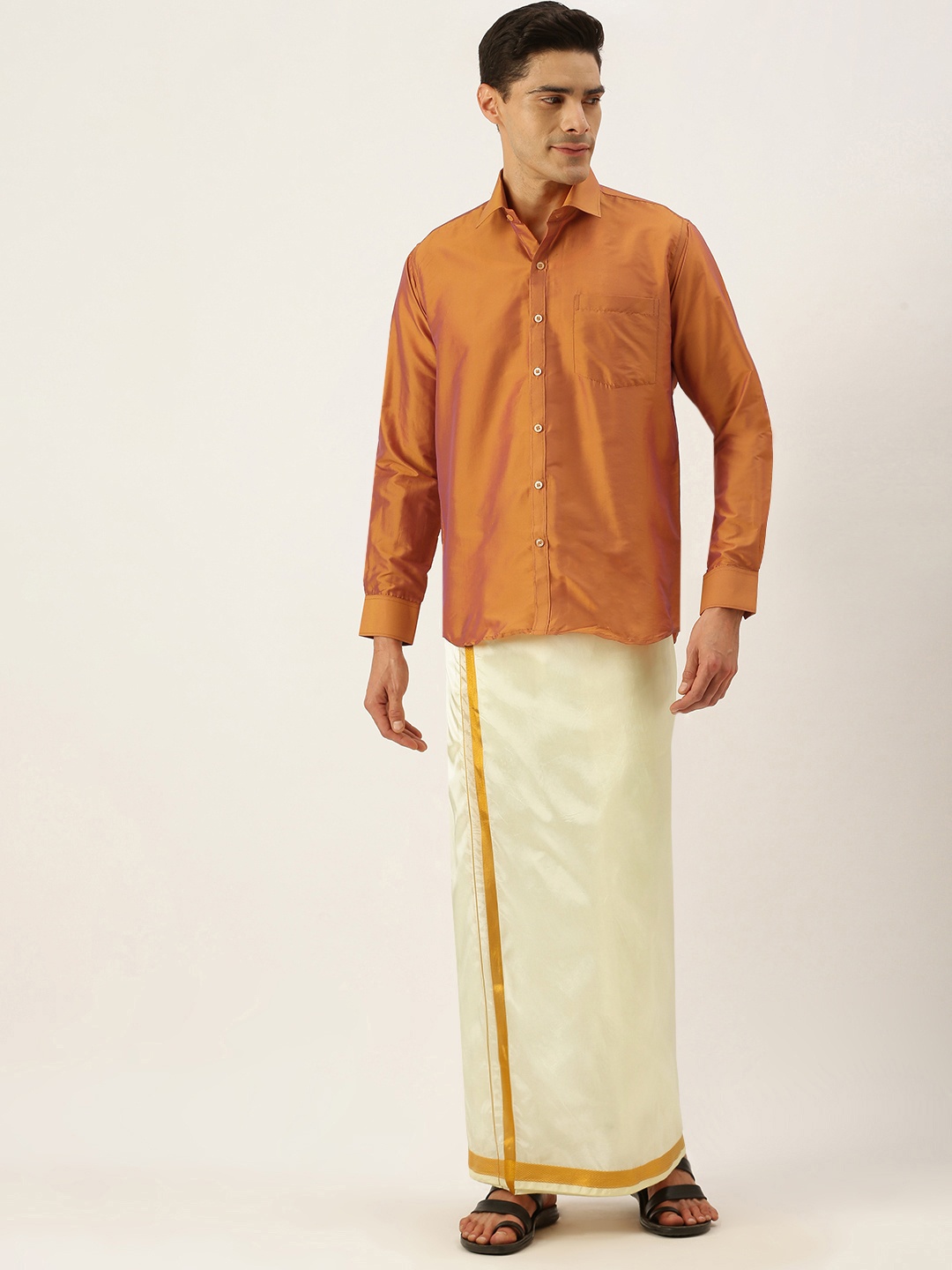 

THANGAMAGAN Men Mustard & Off White Shirt with Dhoti Pants