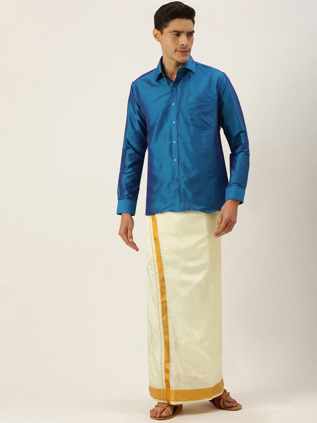 

THANGAMAGAN Men Blue & Off White Shirt with Dhoti Pants