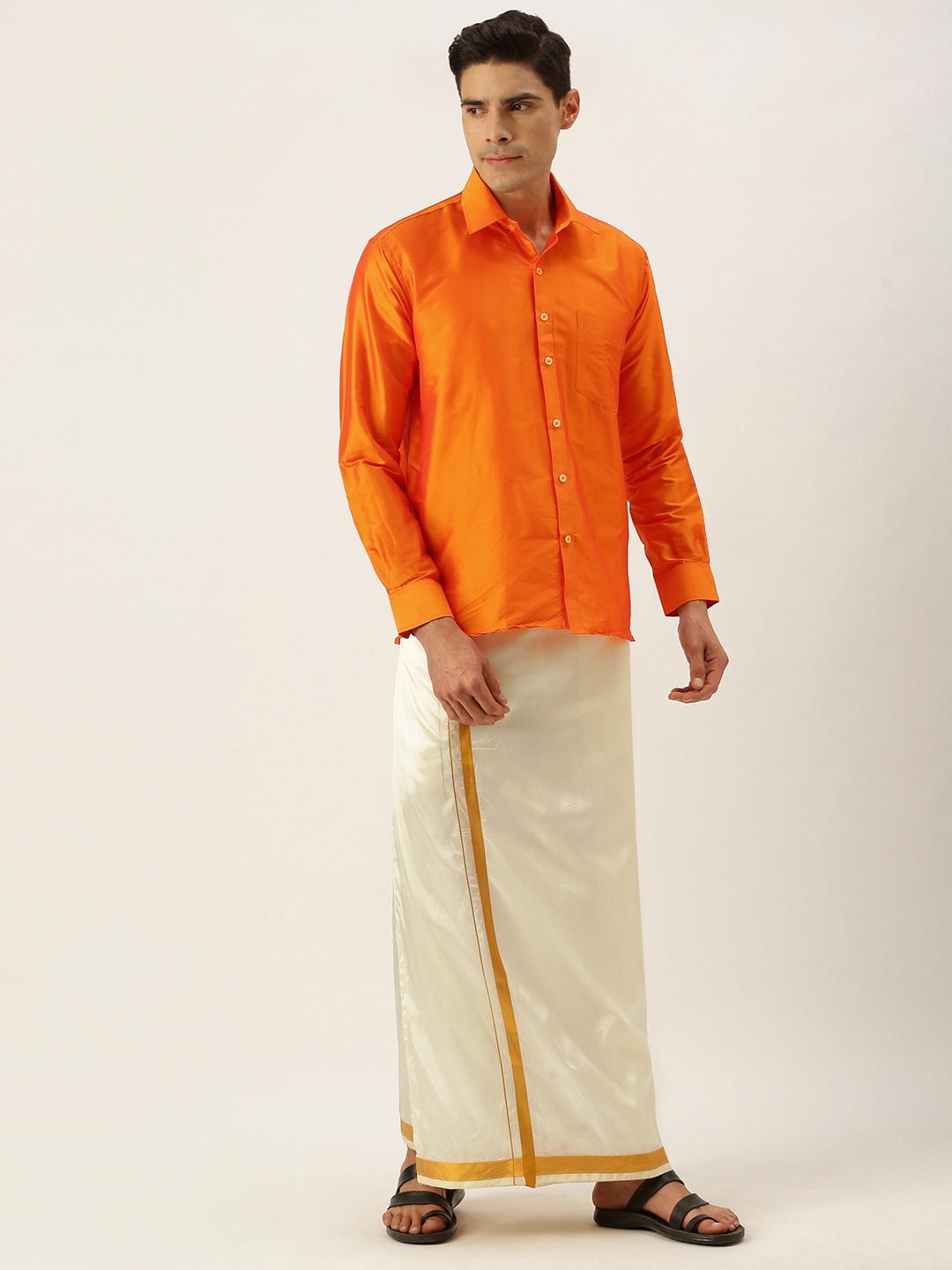 

THANGAMAGAN Men Orange & Off White Shirt with Dhoti Pants