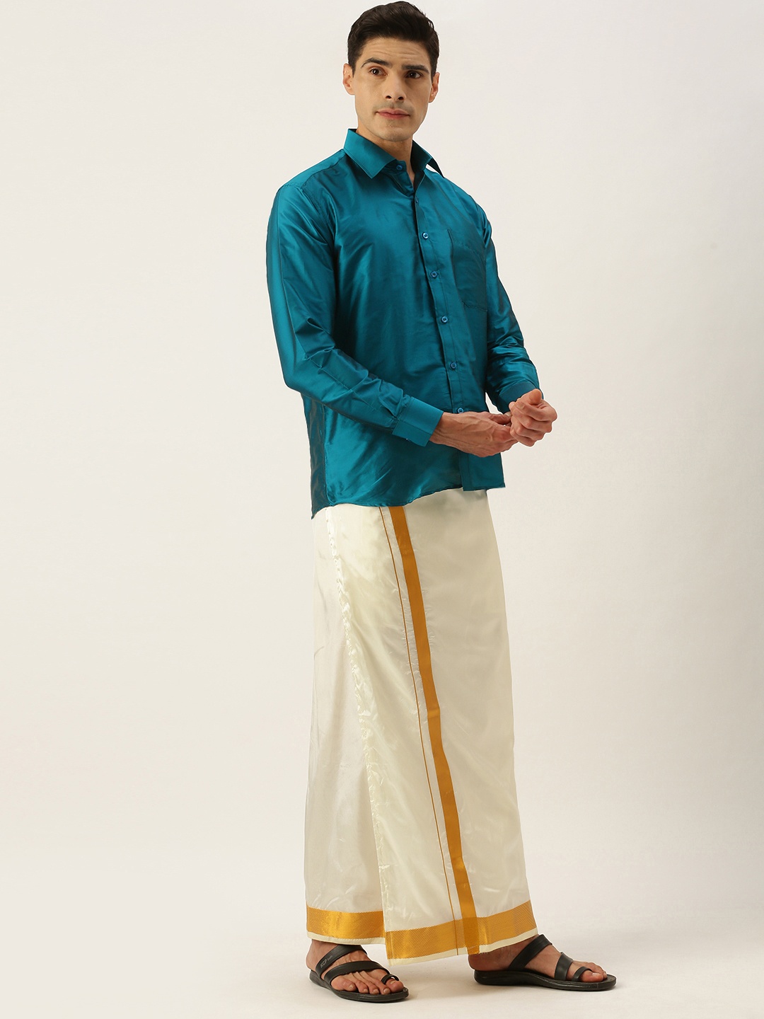 

THANGAMAGAN Men Turquoise Blue & Off White Shirt with Dhoti Pants