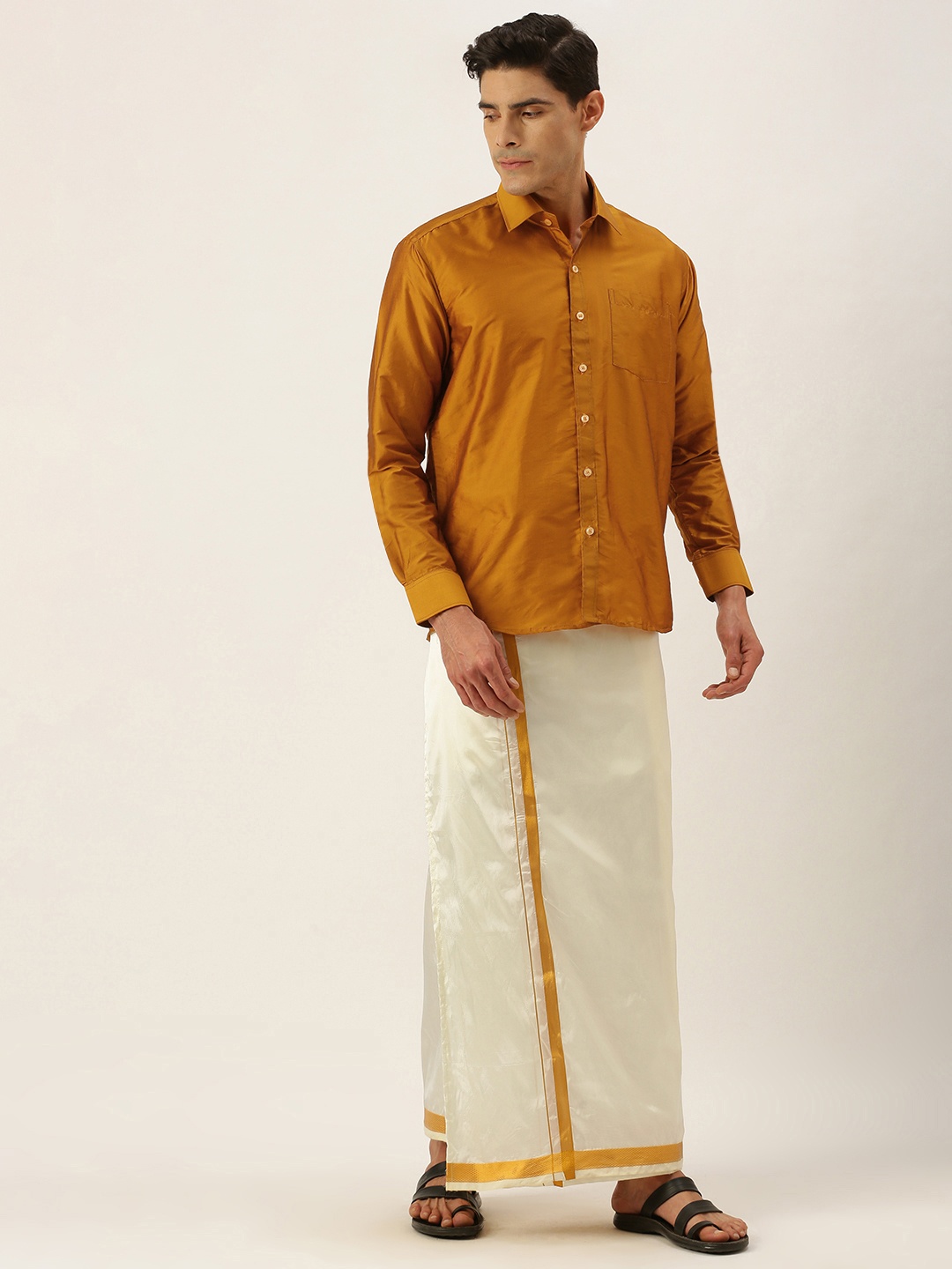 

THANGAMAGAN Men Mustard & Off White Shirt with Dhoti Pants
