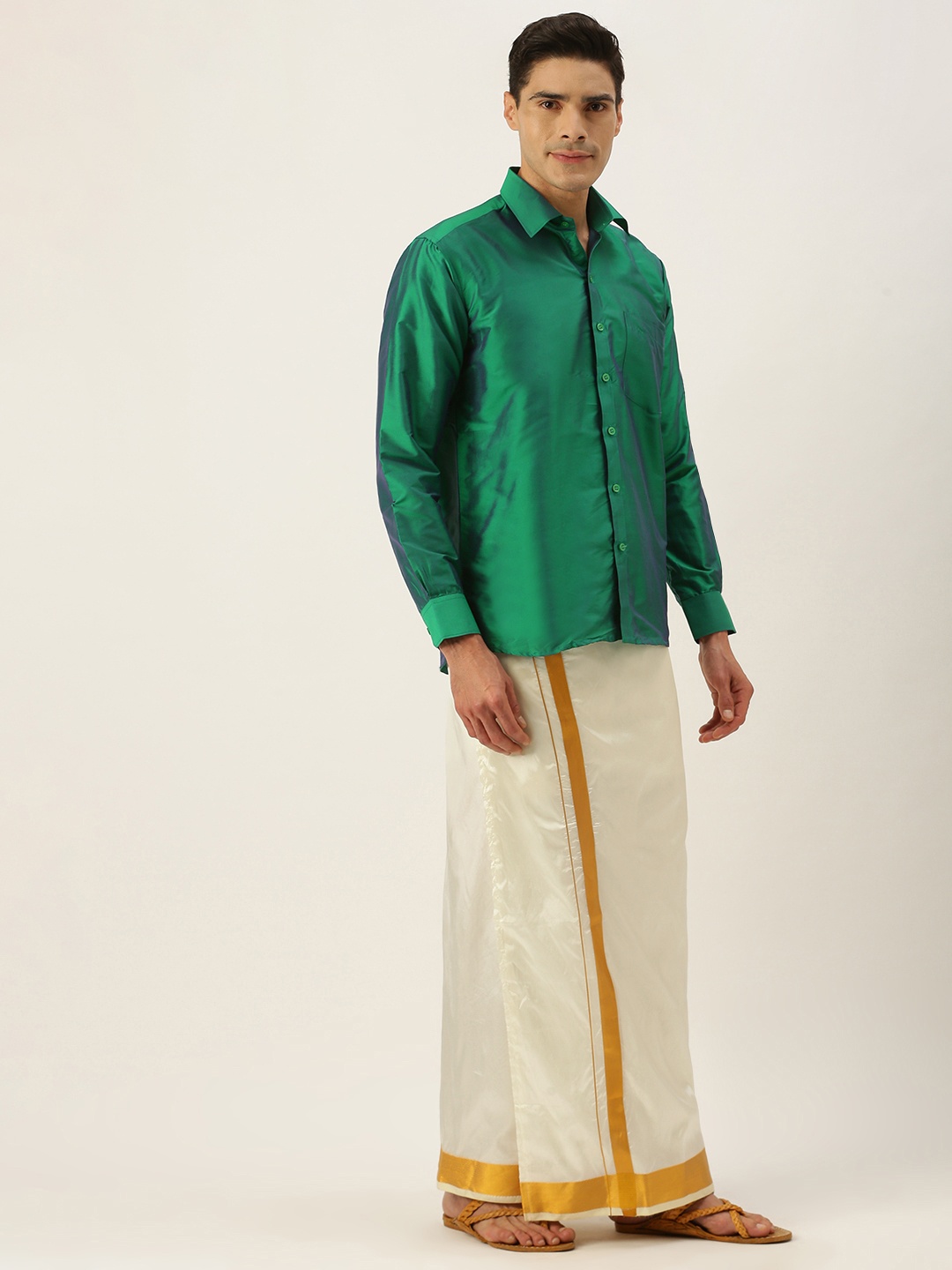 

THANGAMAGAN Men Green & Off White Shirt with Dhoti Pants