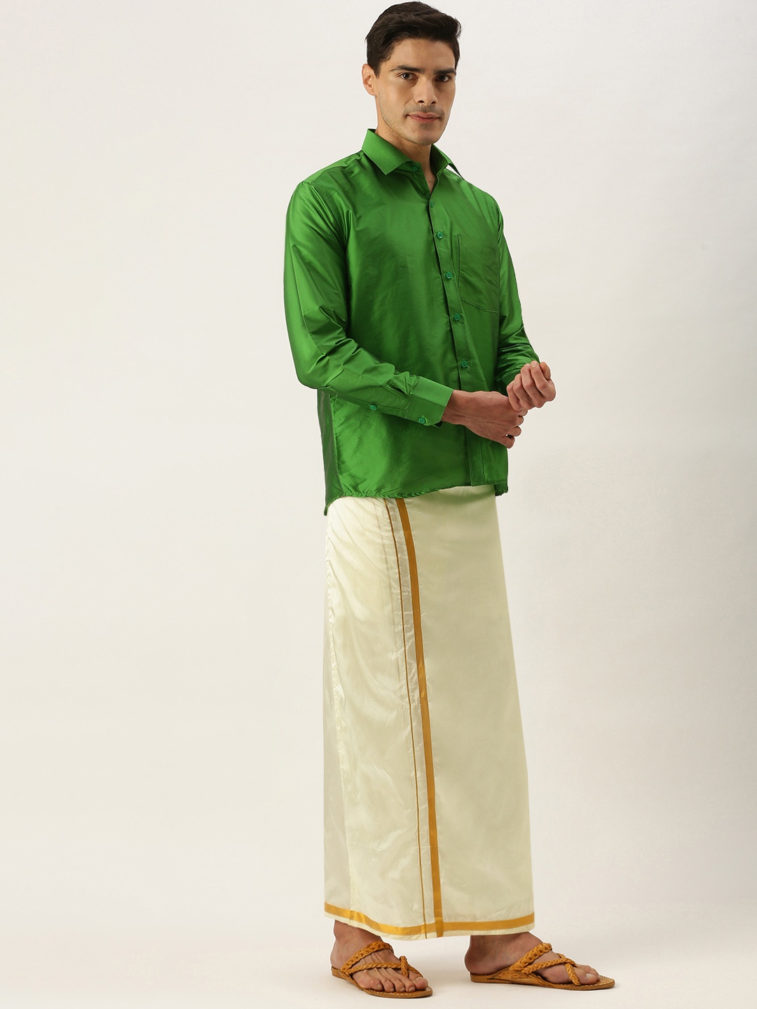 

THANGAMAGAN Men Green & Off White Shirt with Dhoti Pants