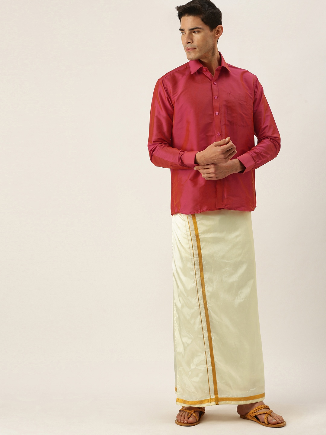 

THANGAMAGAN Men Red & Off White Shirt with Dhoti Pants