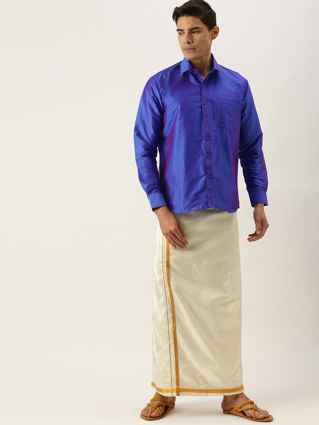 

THANGAMAGAN Men Blue & Off White Shirt with Dhoti Pants