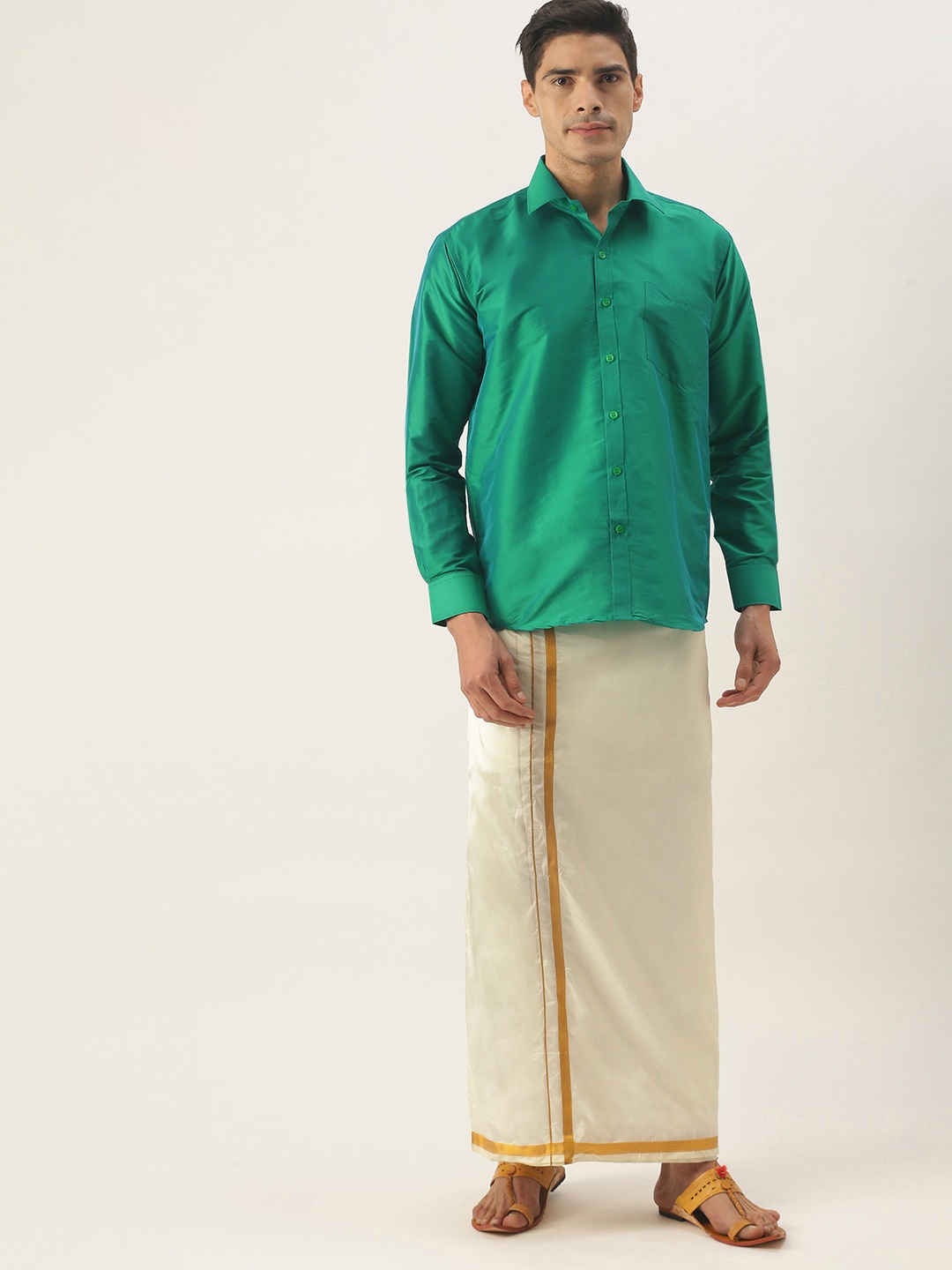 

THANGAMAGAN Men Green & Off White Shirt with Dhoti Pants