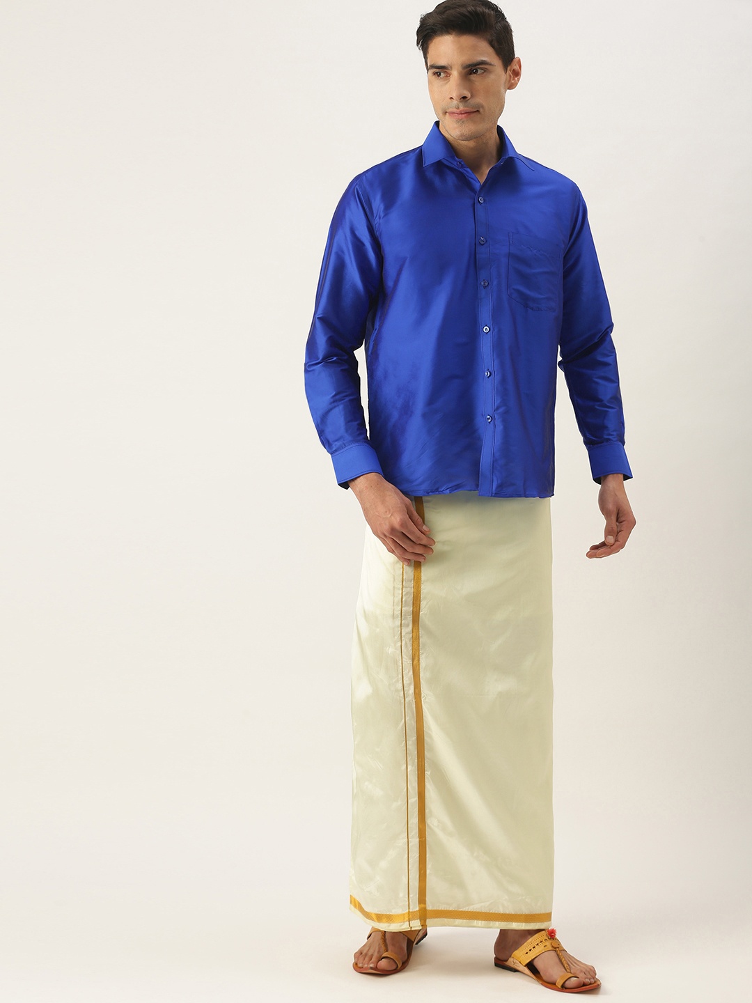 

THANGAMAGAN Men Blue & Off White Shirt with Dhoti Pants