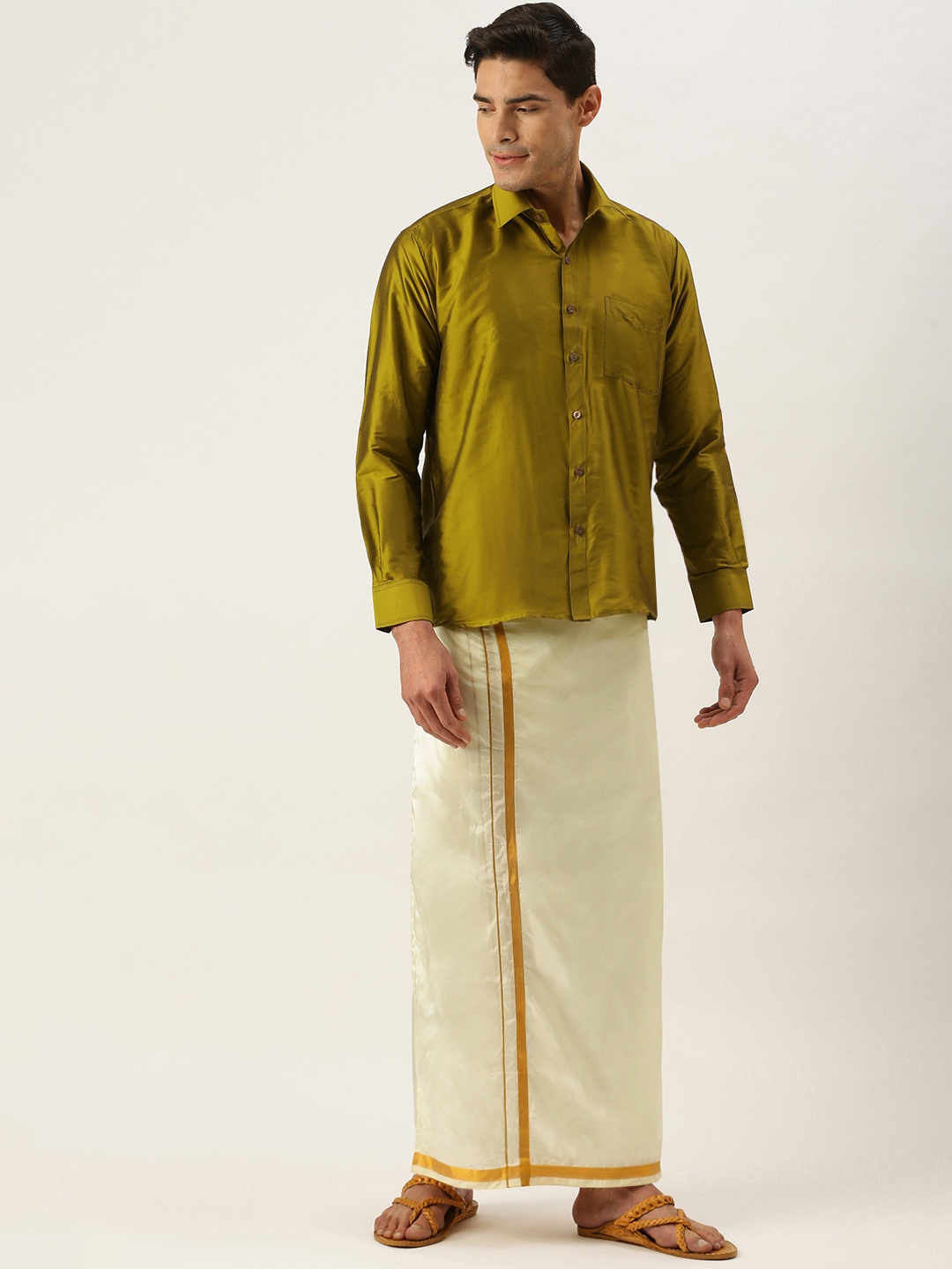 

THANGAMAGAN Men Olive Green & Off White Shirt with Dhoti