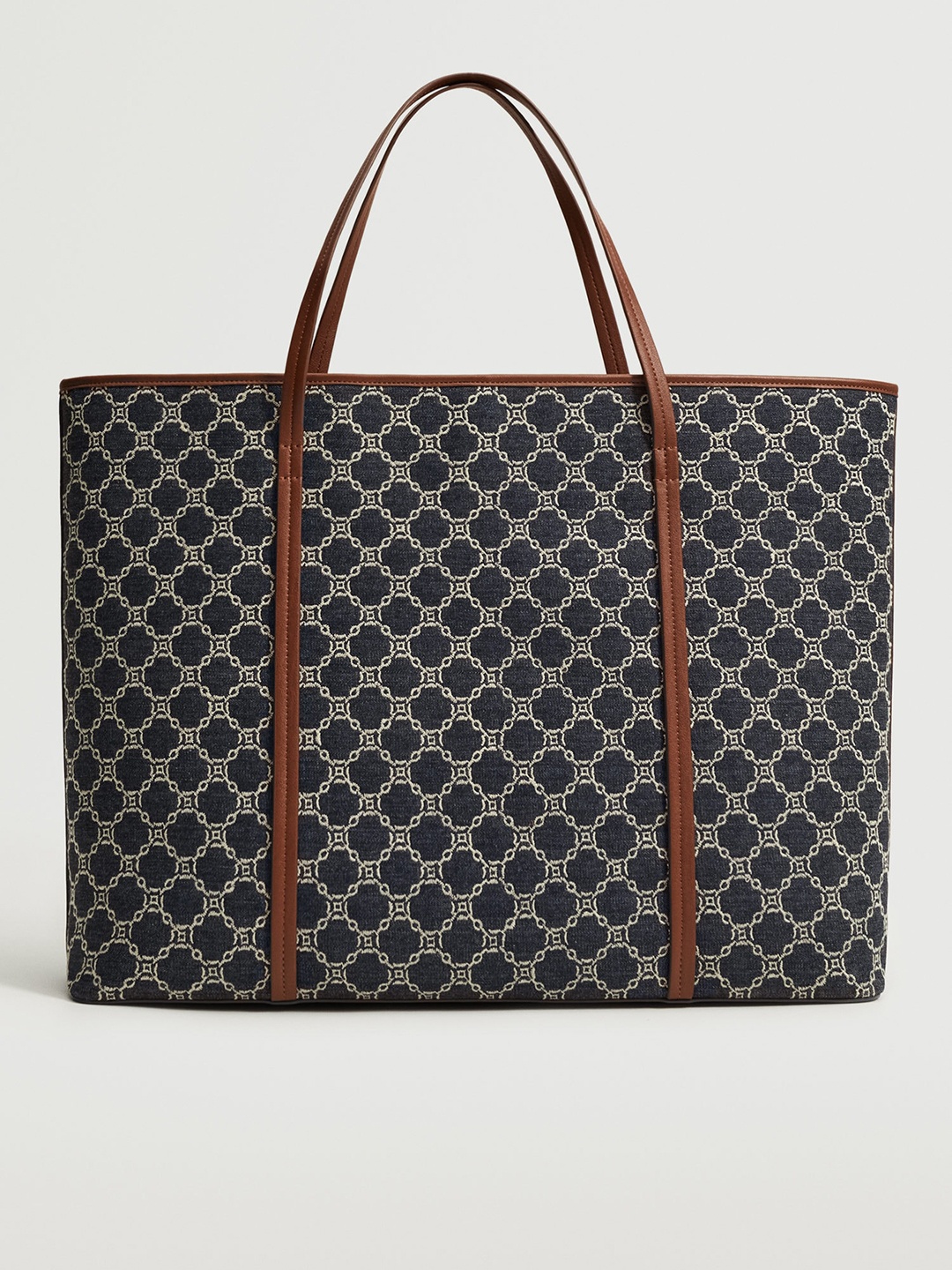 

MANGO Navy Blue & Brown Geometric Oversized Tote Bag