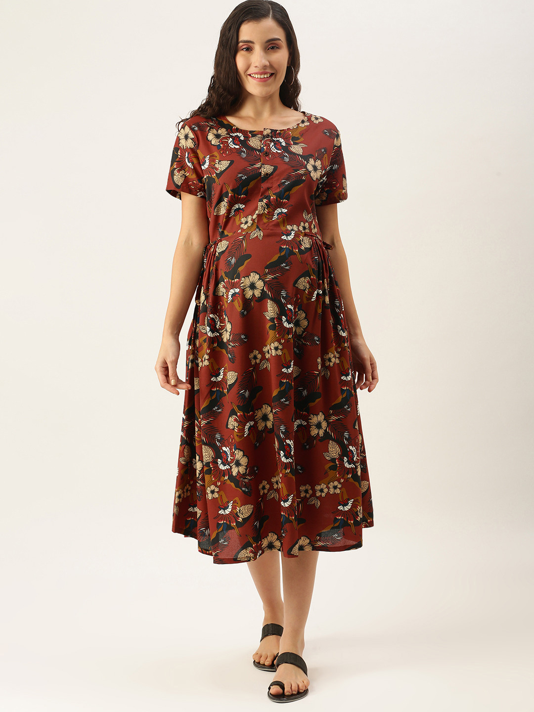 

Nejo Rust Brown Floral Woven Flared Maternity Midi A-Line Dress