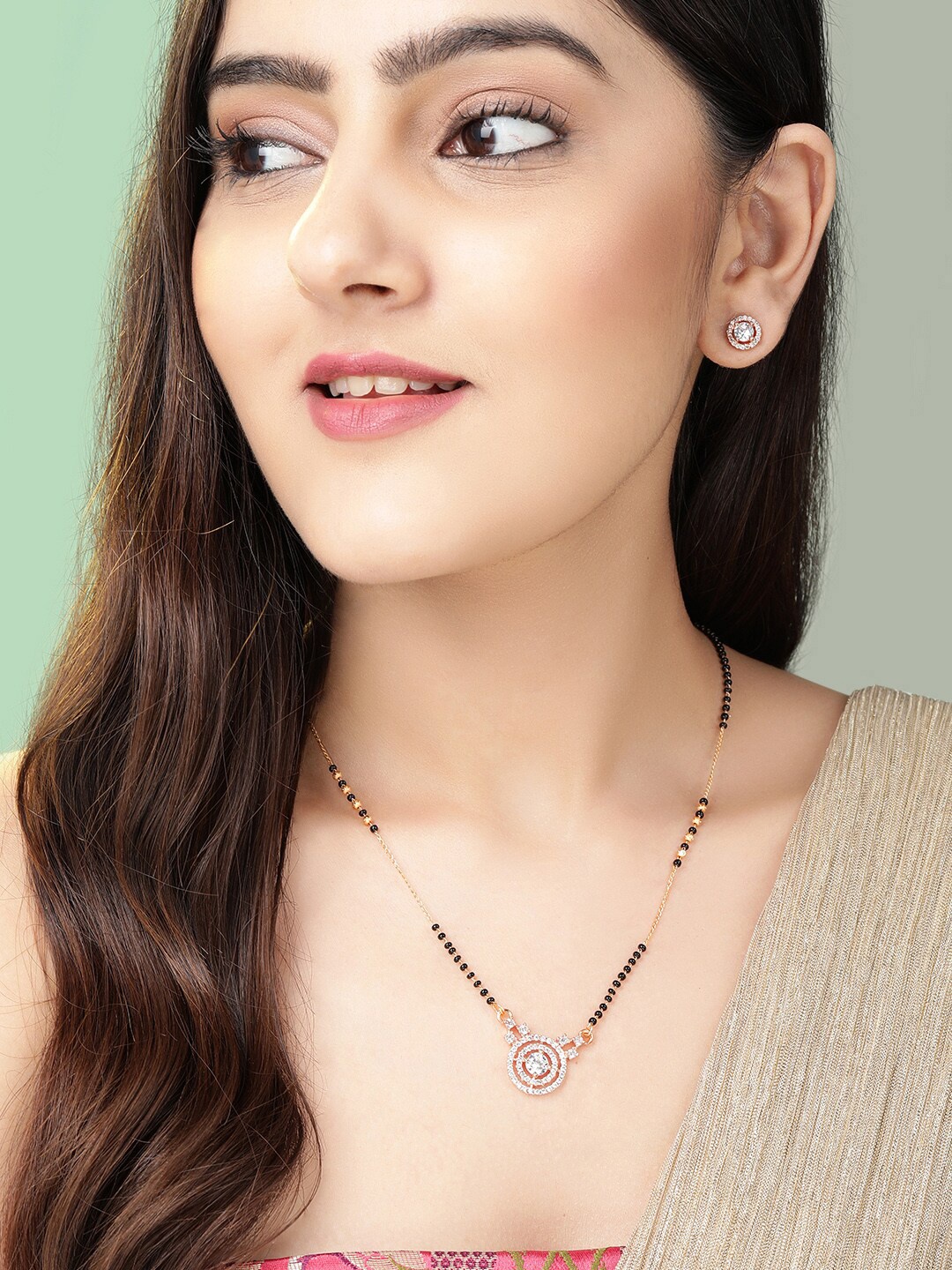 

Rubans 18K Rose Gold-Plated Cubic Zirconia Studded Mangalsutra Set with Black Beads, Silver