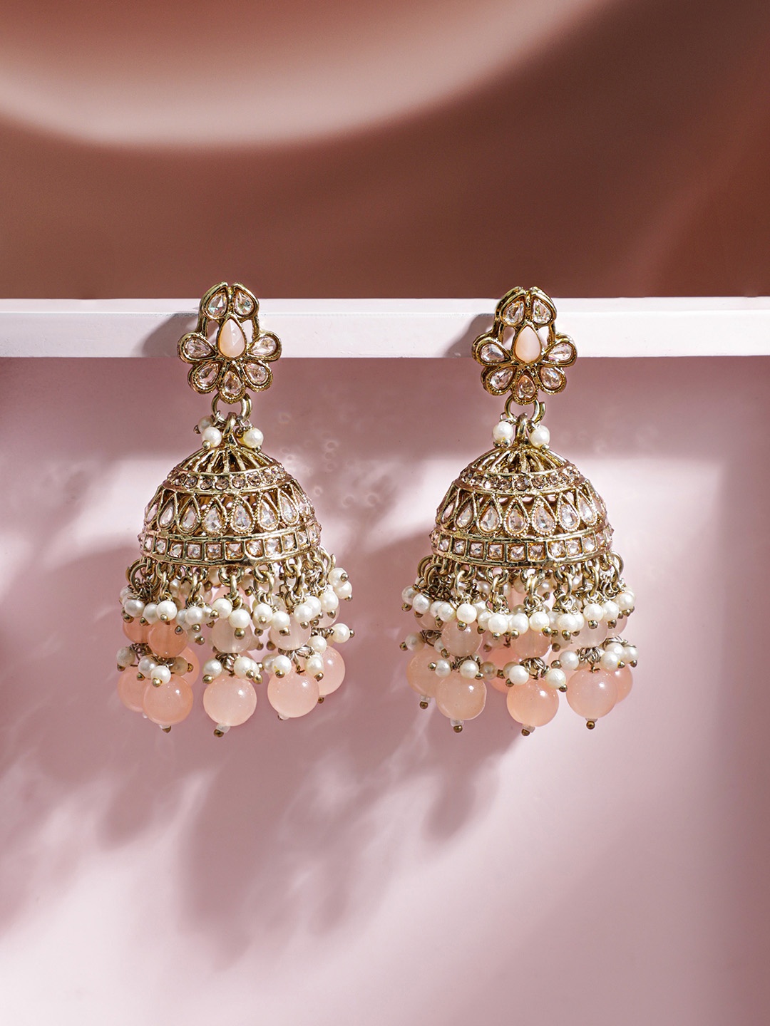 

Rubans Gold-Toned Pearls Beaded Dome Shaped Traditional Jhumkas Earrings
