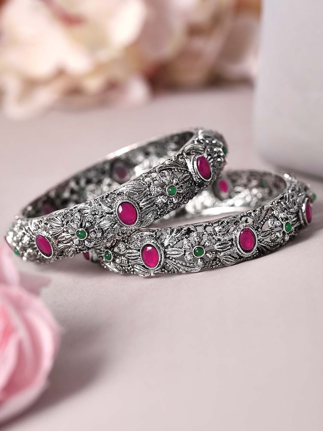 

Rubans Set Of 2 Oxidised Silver-Toned & Pink Stone Studded Traditional Bangles