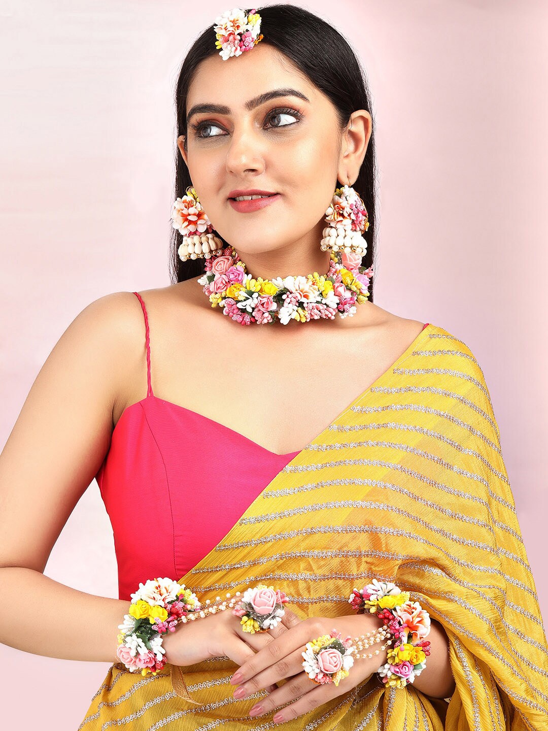 

Rubans Gold-Plated Pink & White Floral Handcrafted Jewellery Set