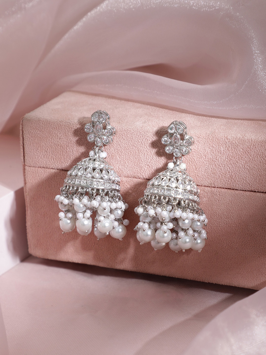 

Rubans Silver-Toned Dome Shaped Jhumkas Earrings