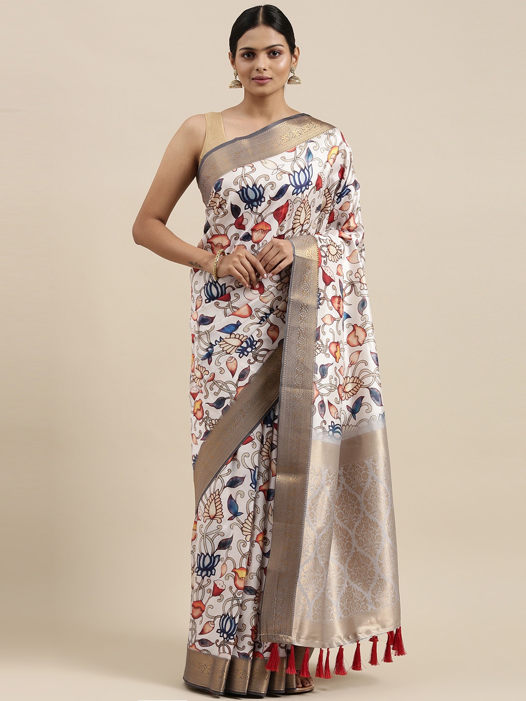 

VASTRANAND White Floral Zari Silk Blend Banarasi Saree