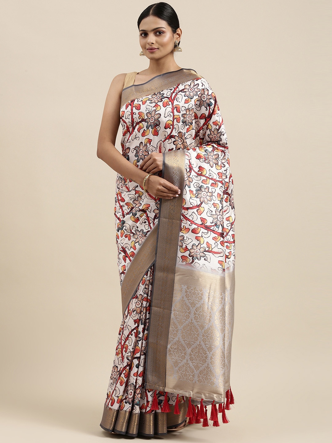 

VASTRANAND White Floral Zari Silk Blend Banarasi Saree